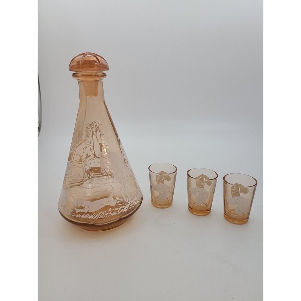 Vintage Amber Decanter With 3 Shot Glasses, Hunting Scene.  Made In France